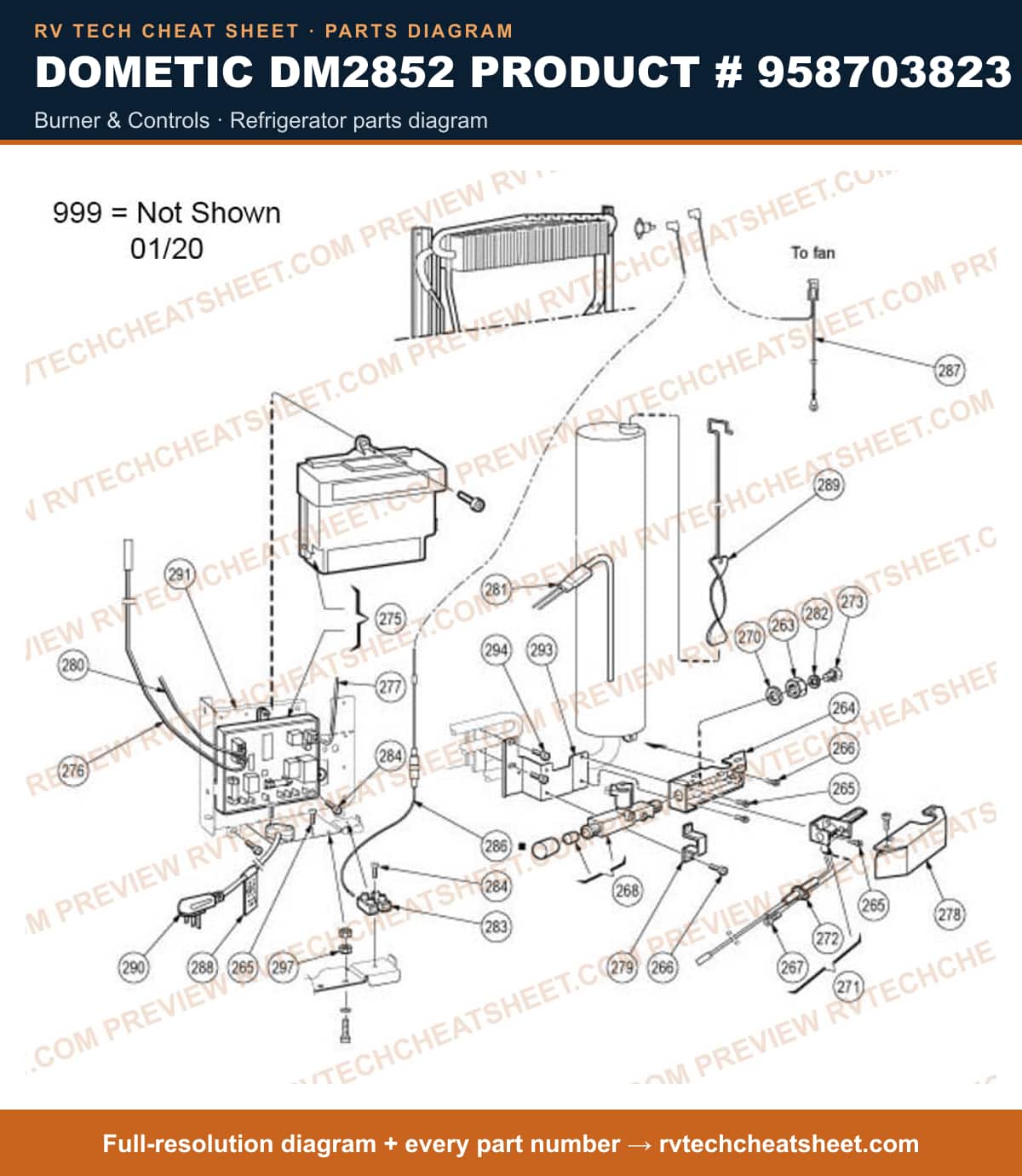Dometic DM2852 Product # 958703823 burner & controls — parts list sheet