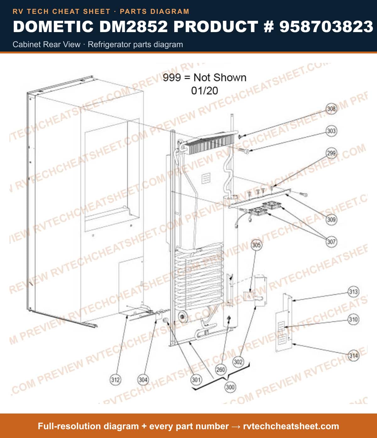 Dometic DM2852 Product # 958703823 cabinet rear view — parts list sheet