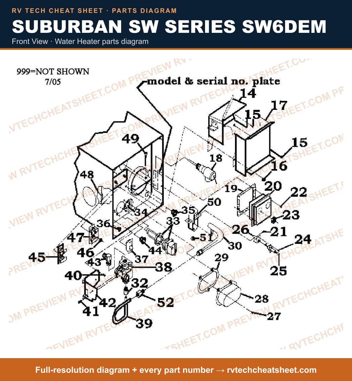 Suburban Sw Series SW6DEM front view — parts list sheet