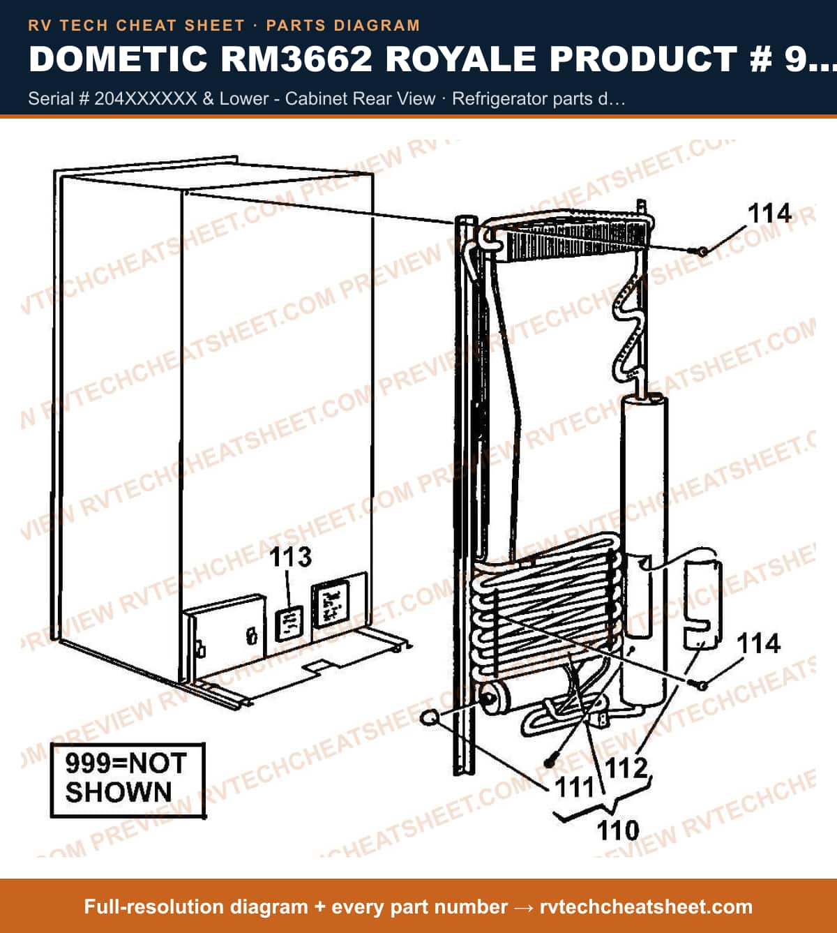 Dometic RM3662 Royale Product # 921144050 Beige serial # 204xxxxxx & lower - cabinet rear view — parts list sheet