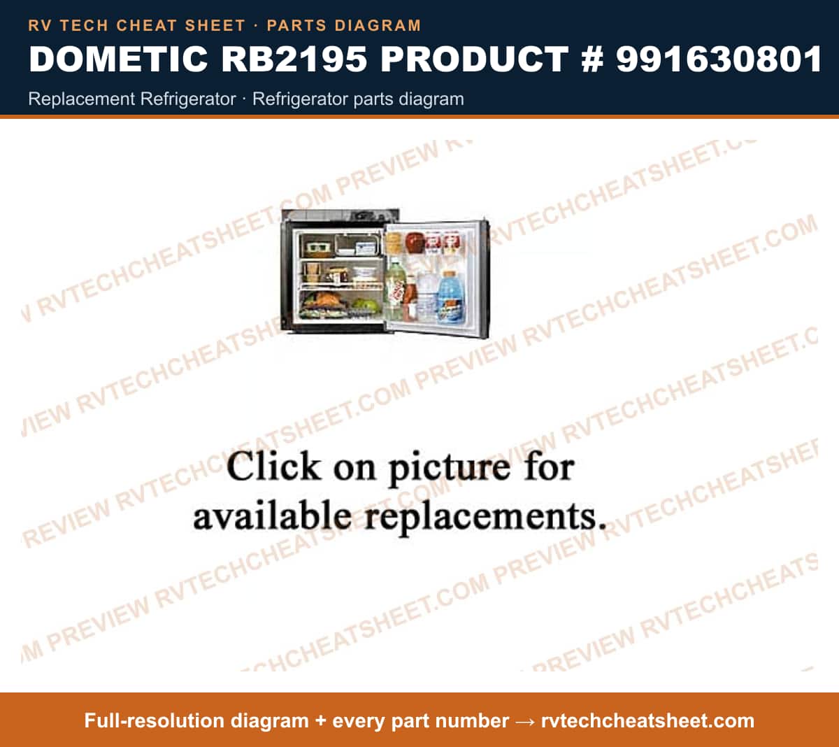Dometic RB2195 Product # 991630801 replacement refrigerator — exploded parts diagram