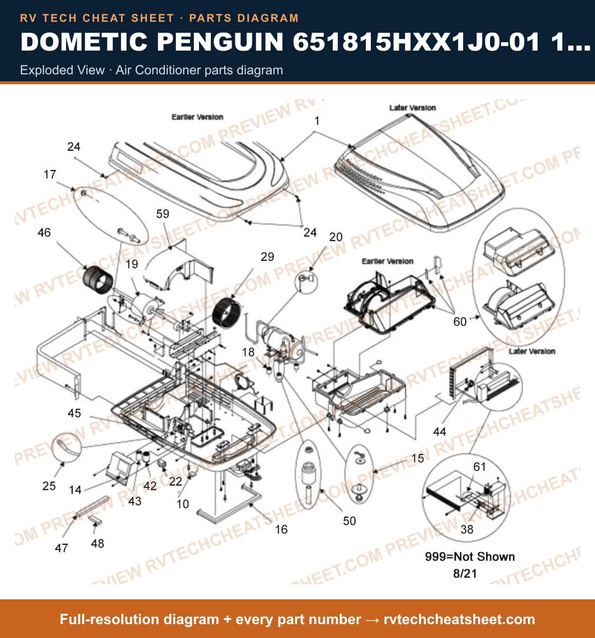 Dometic Penguin 651815HXX1J0-01 13,500 BTU exploded view — parts list sheet