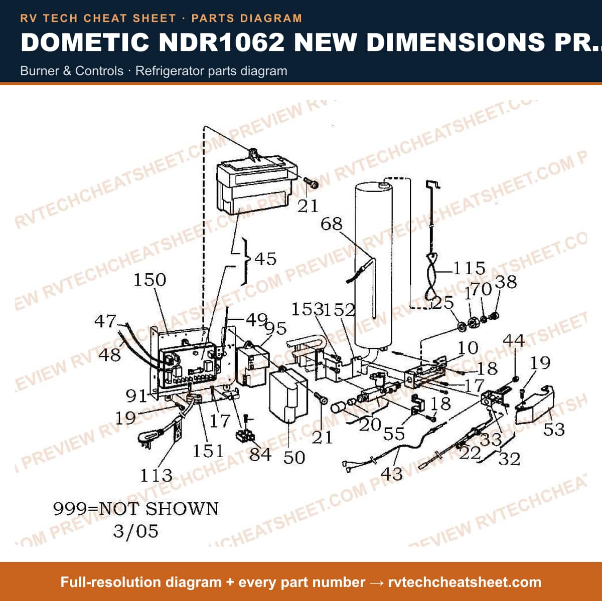 Dometic NDR1062 New Dimensions Product # 921146147 (black) burner & controls — parts list sheet