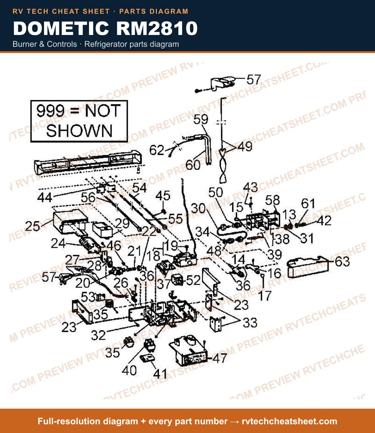 Dometic RM2810 burner & controls — parts list sheet