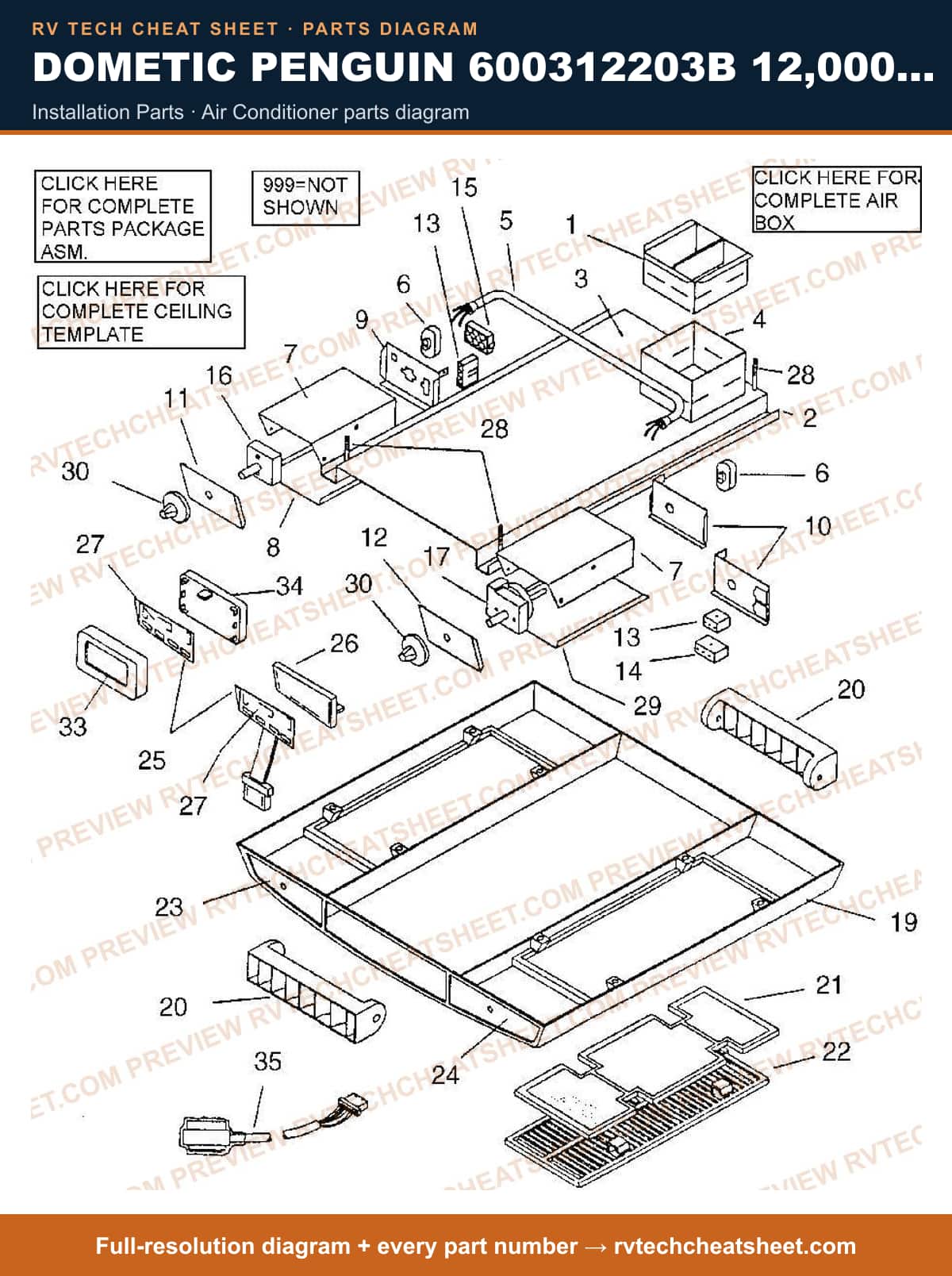 Dometic Penguin 600312203B 12,000 BTU installation parts — exploded parts diagram