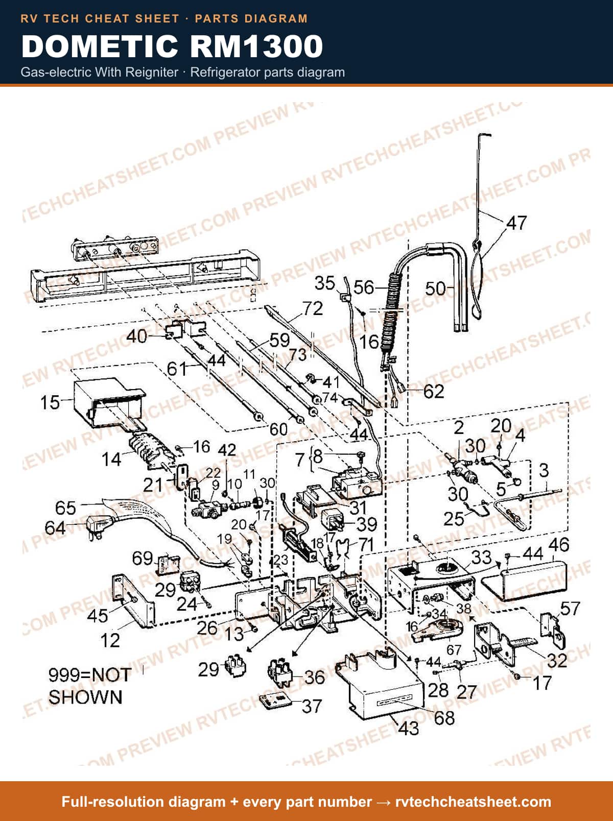 Dometic RM1300 gas-electric with reigniter — parts list sheet