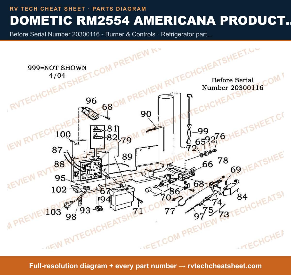 Dometic RM2554 Americana Product # 921142017 Beige before serial number 20300116 - burner & controls — parts list sheet