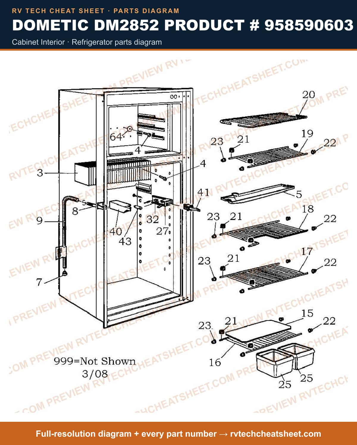 Dometic DM2852 Product # 958590603 cabinet interior — parts list sheet