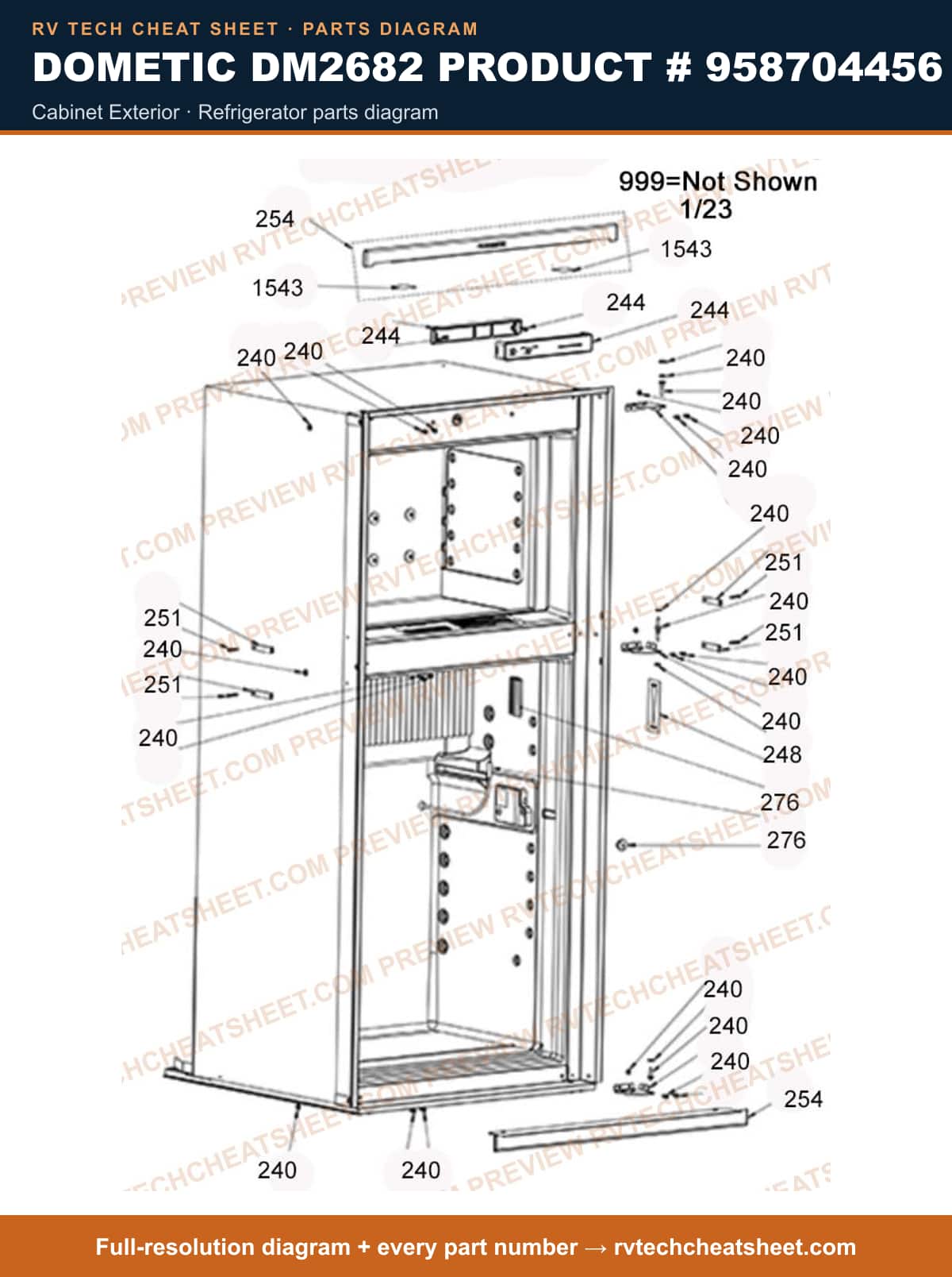Dometic DM2682 Product # 958704456 cabinet exterior — parts list sheet