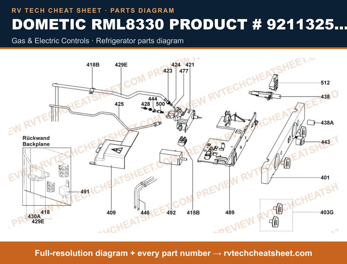 Dometic RML8330 Product # 921132506 gas & electric controls — parts list sheet