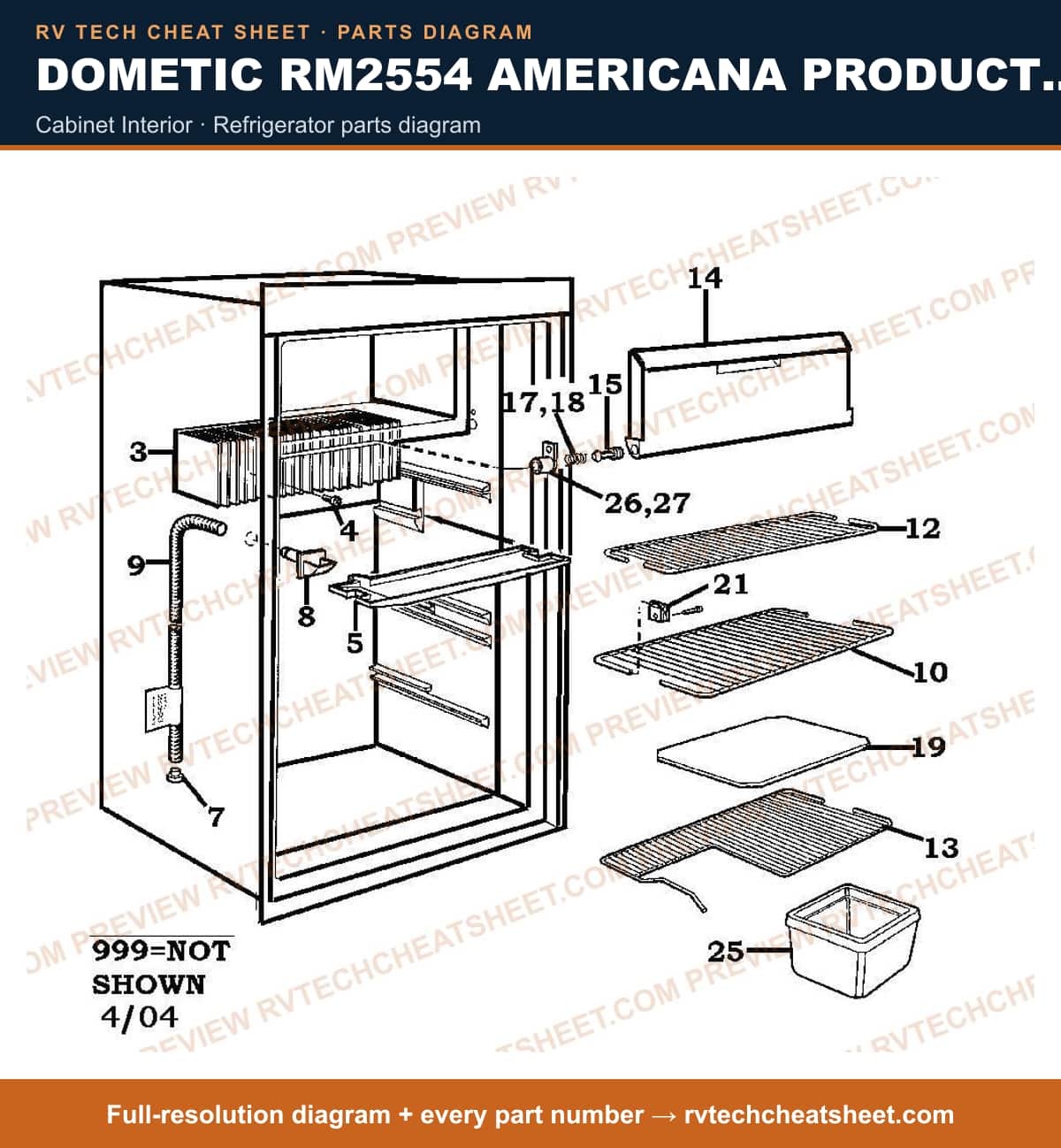 Dometic RM2554 Americana Product # 921142021 Black cabinet interior — parts list sheet
