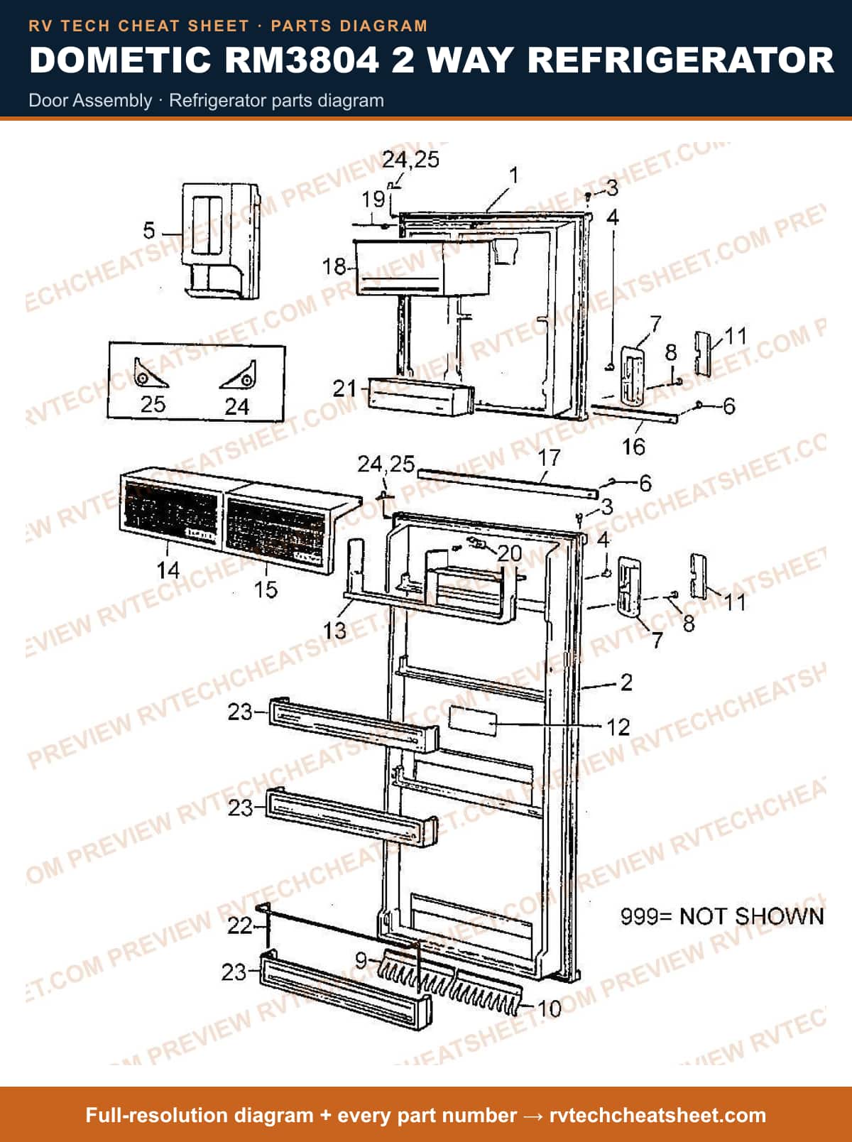 Dometic RM3804 2 Way Refrigerator door assembly — parts list sheet