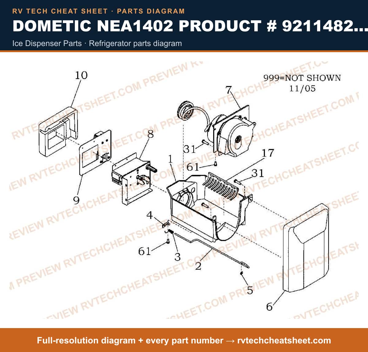 Dometic NEA1402 Product # 921148281 ice dispenser parts — parts list sheet