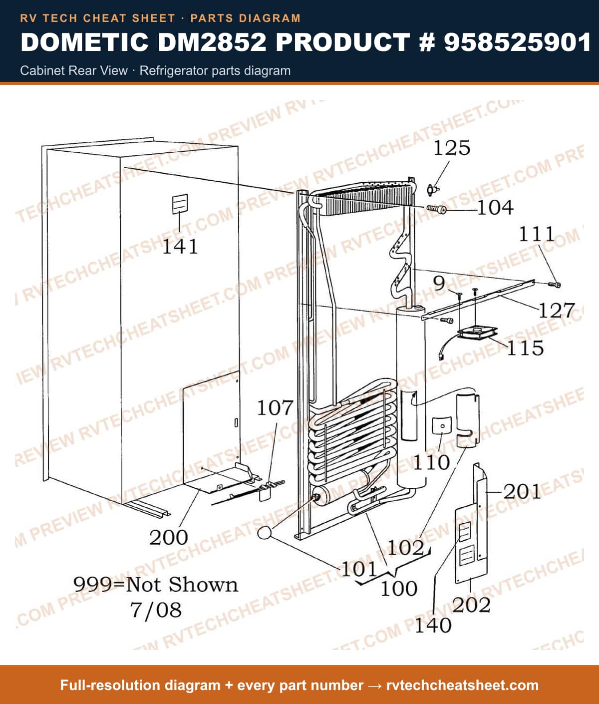 Dometic DM2852 Product # 958525901 cabinet rear view — parts list sheet