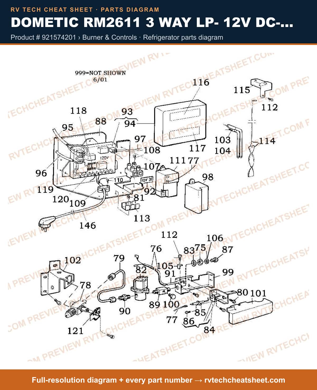 Dometic RM2611 3 Way Lp- 12V Dc- 110V AC product # 921574201 › burner & controls — parts list sheet