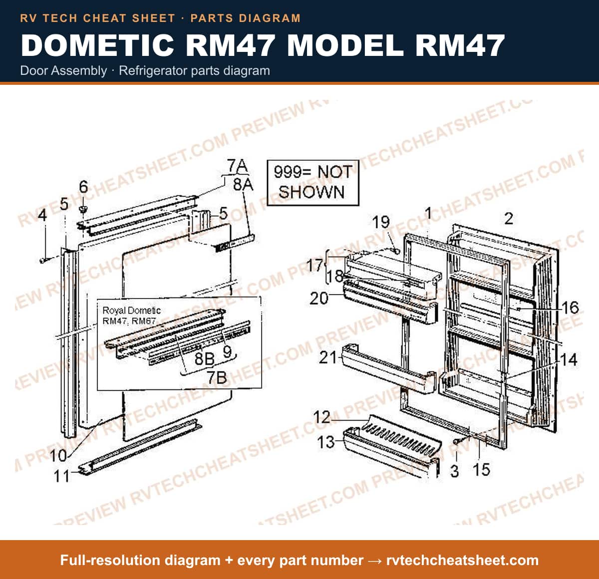 Dometic RM47 Model RM47 door assembly — parts list sheet