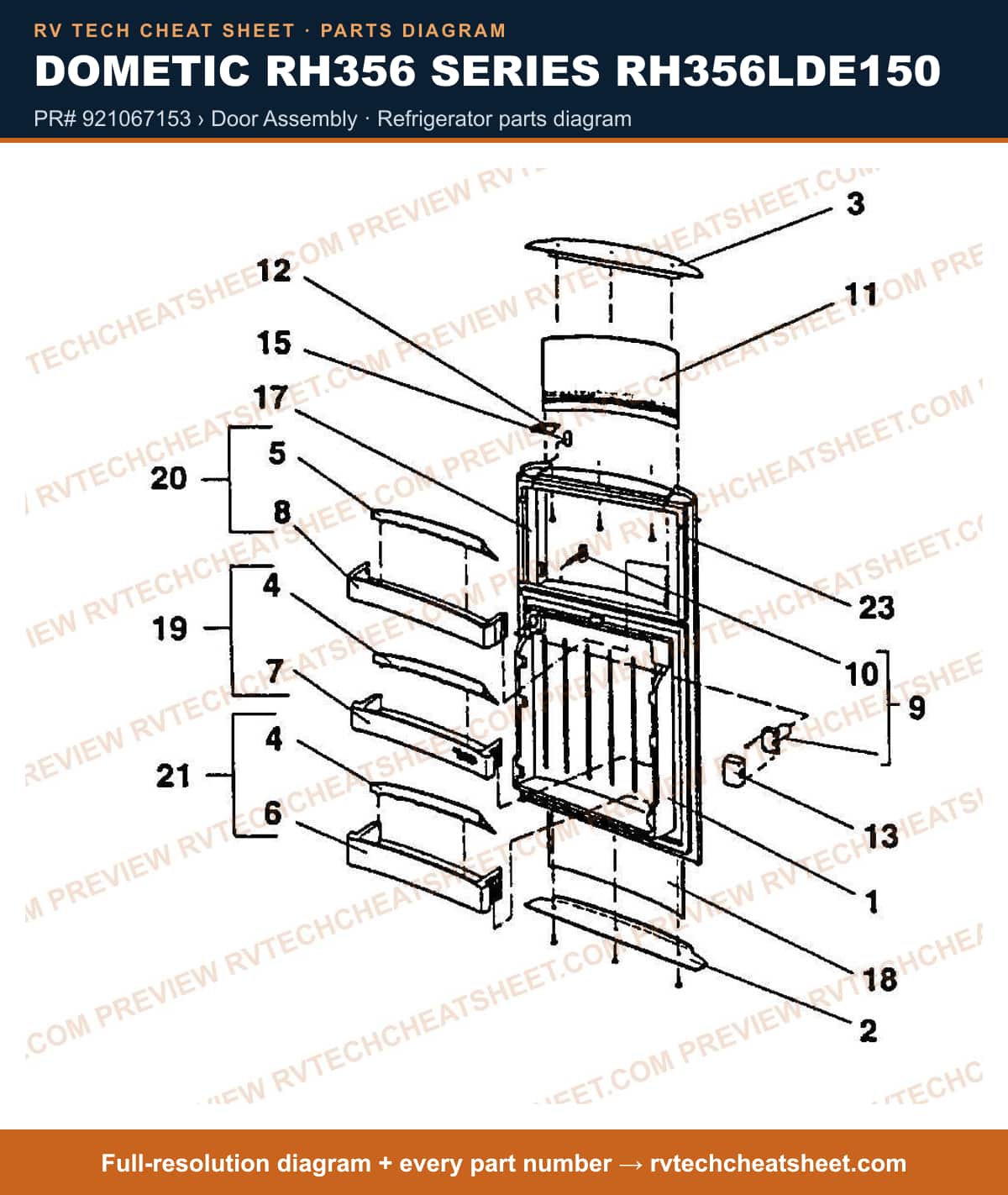Dometic RH356 Series RH356LDE150 pr# 921067153 › door assembly — parts list sheet