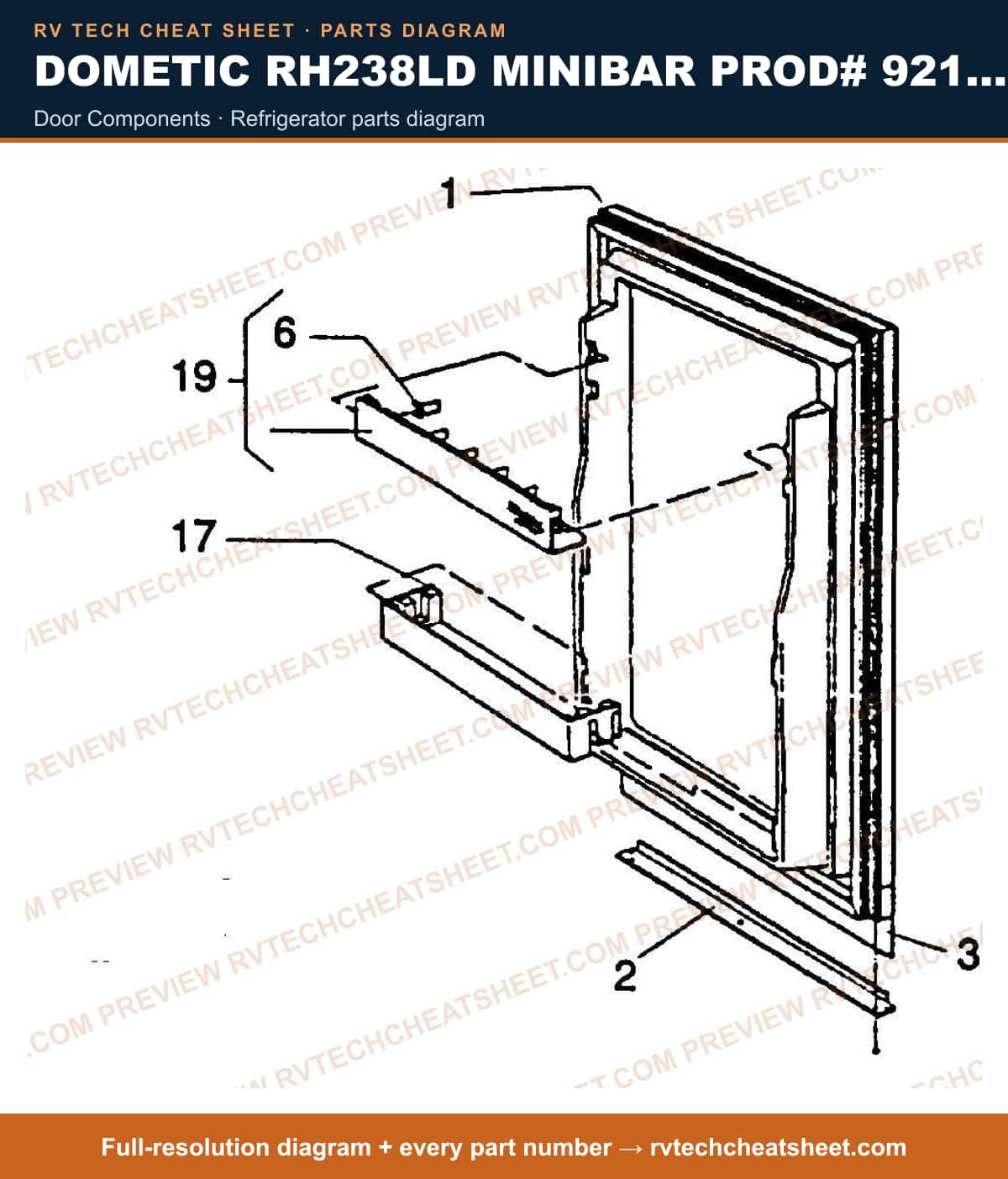 Dometic RH238LD Minibar Prod# 921063265 door components — parts list sheet