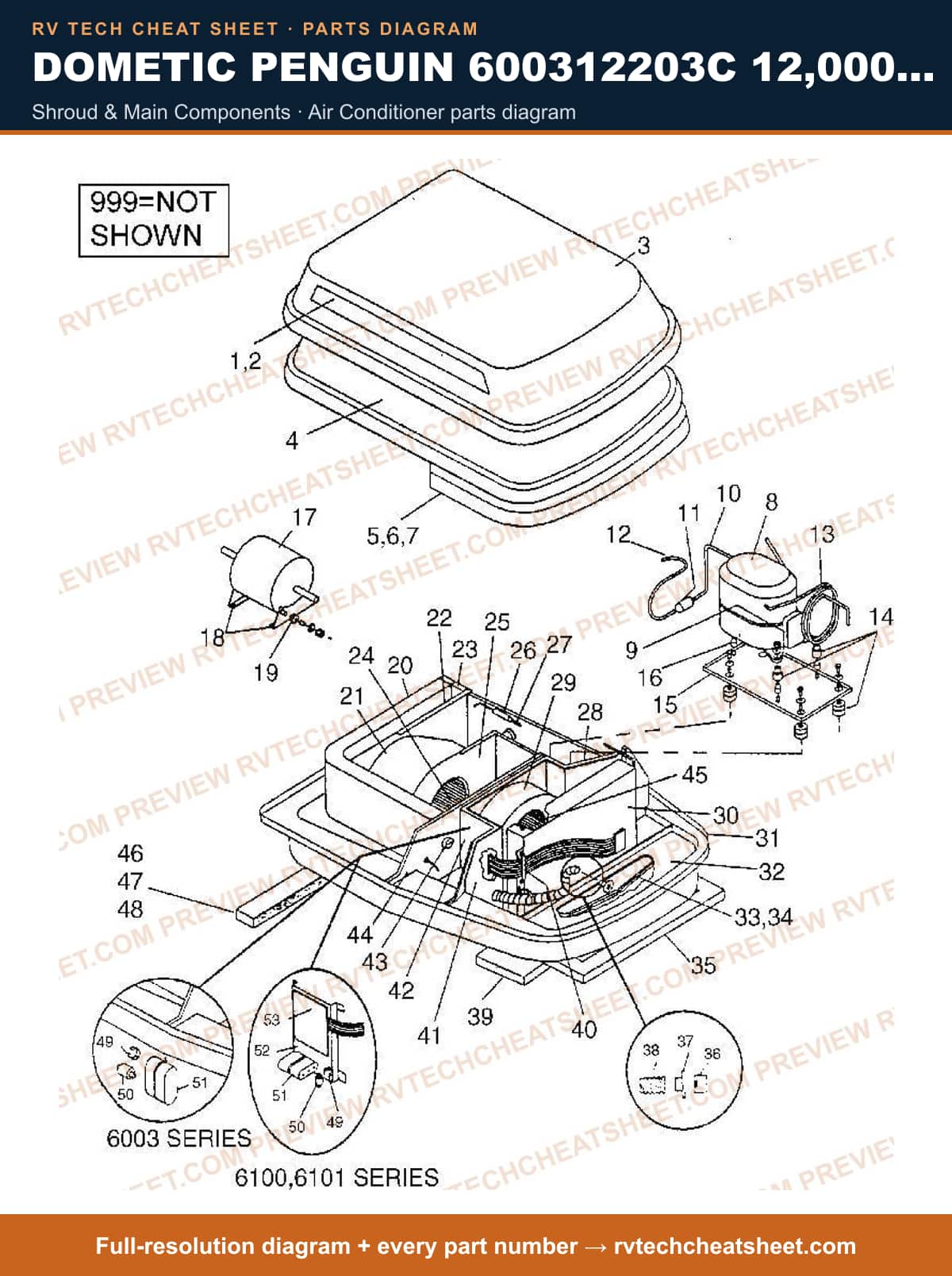 Dometic Penguin 600312203C 12,000 BTU shroud & main components — exploded parts diagram
