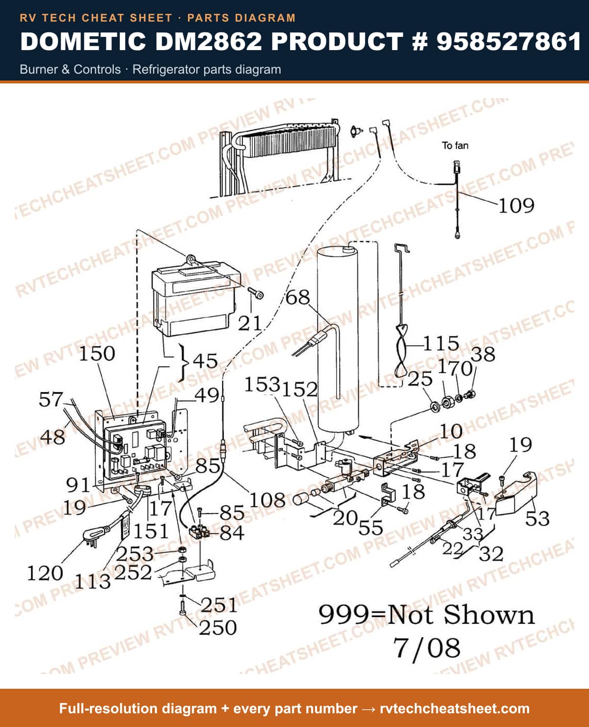 Dometic DM2862 Product # 958527861 burner & controls — parts list sheet