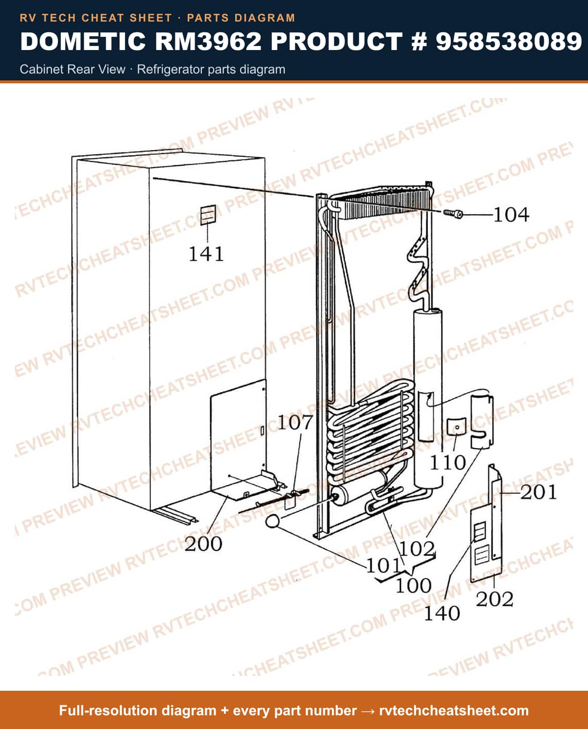 Dometic RM3962 Product # 958538089 cabinet rear view — parts list sheet