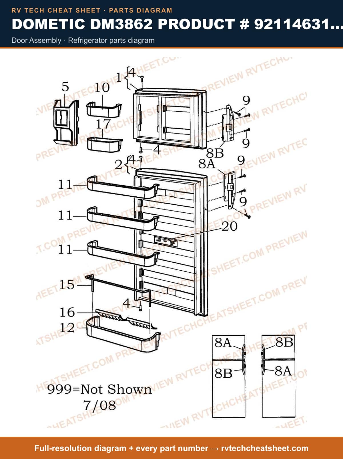 Dometic DM3862 Product # 921146312 Stainless door assembly — parts list sheet