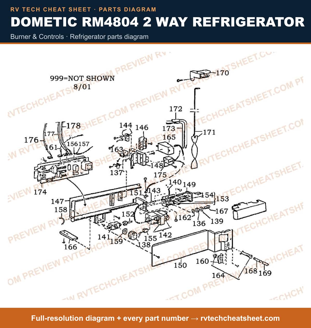 Dometic RM4804 2 Way Refrigerator burner & controls — parts list sheet