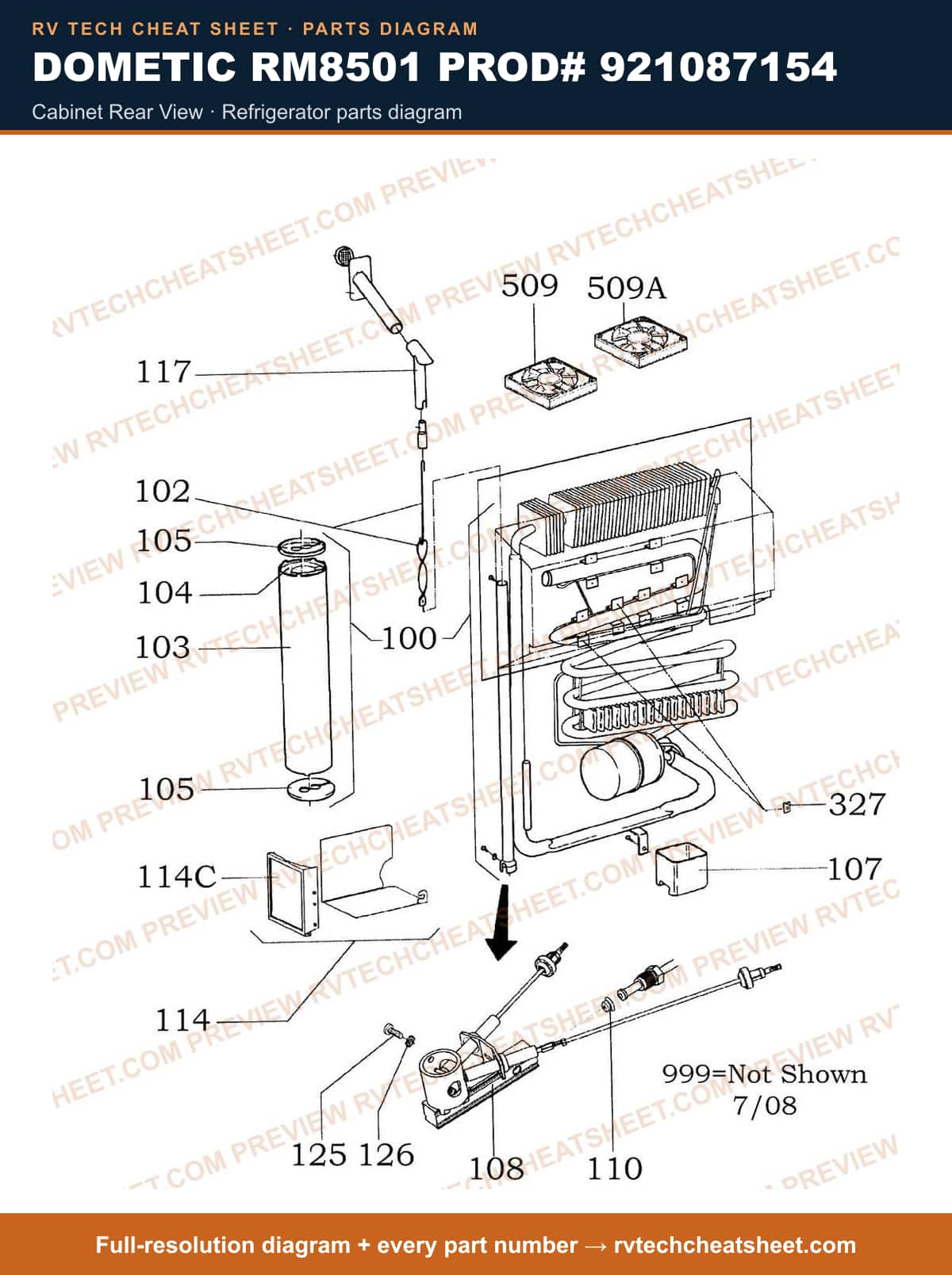 Dometic RM8501 Prod# 921087154 cabinet rear view — parts list sheet