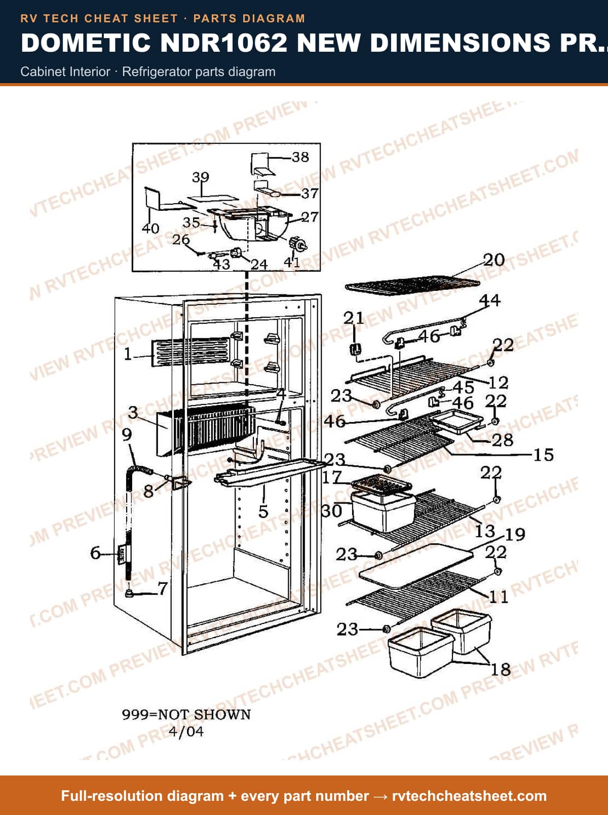 Dometic NDR1062 New Dimensions Product # 921146114 (black) cabinet interior — parts list sheet