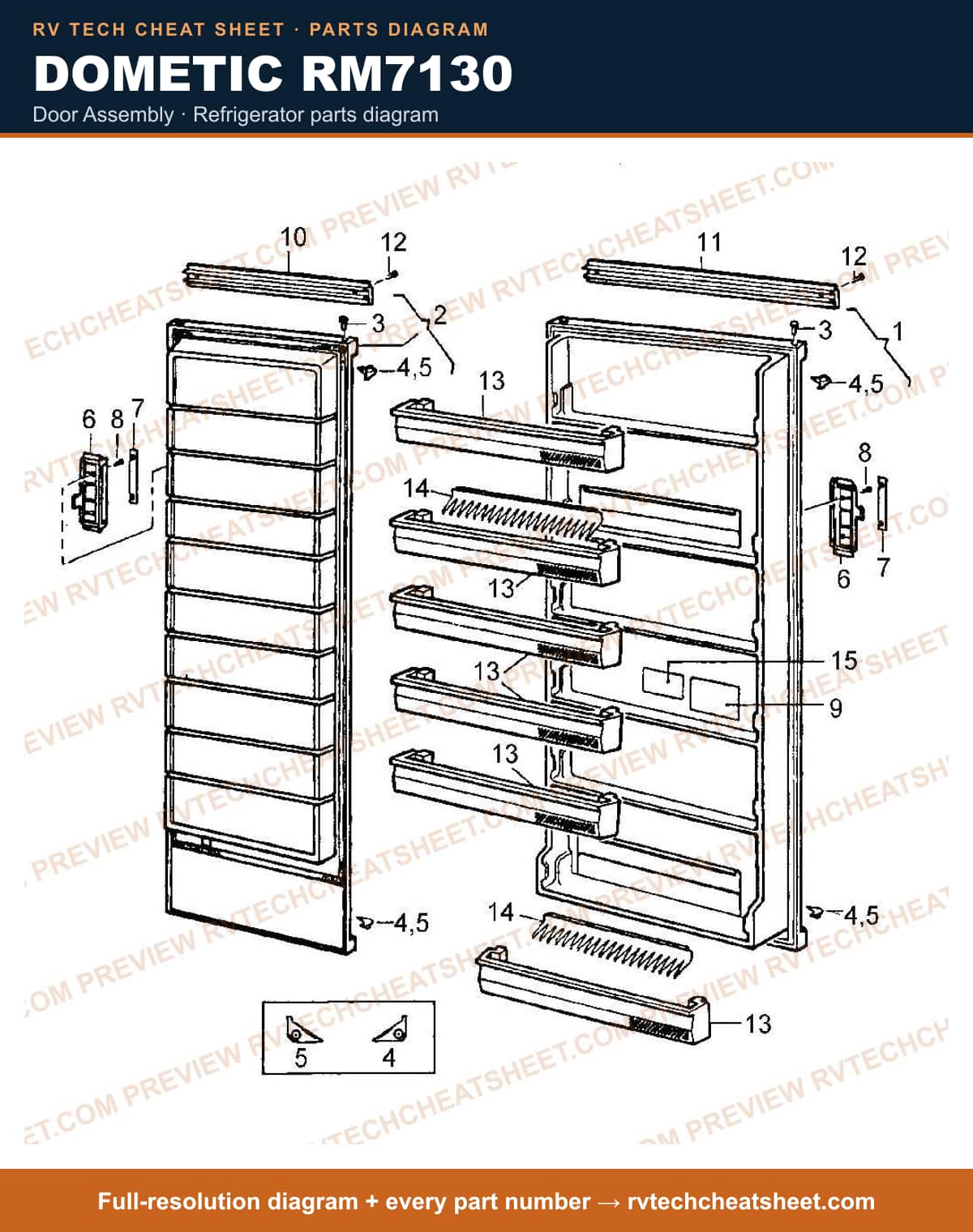 Dometic RM7130 door assembly — parts list sheet