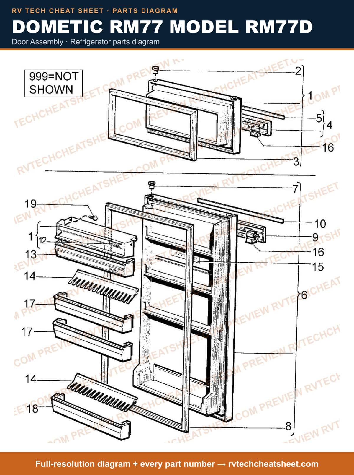 Dometic RM77 Model RM77D door assembly — parts list sheet