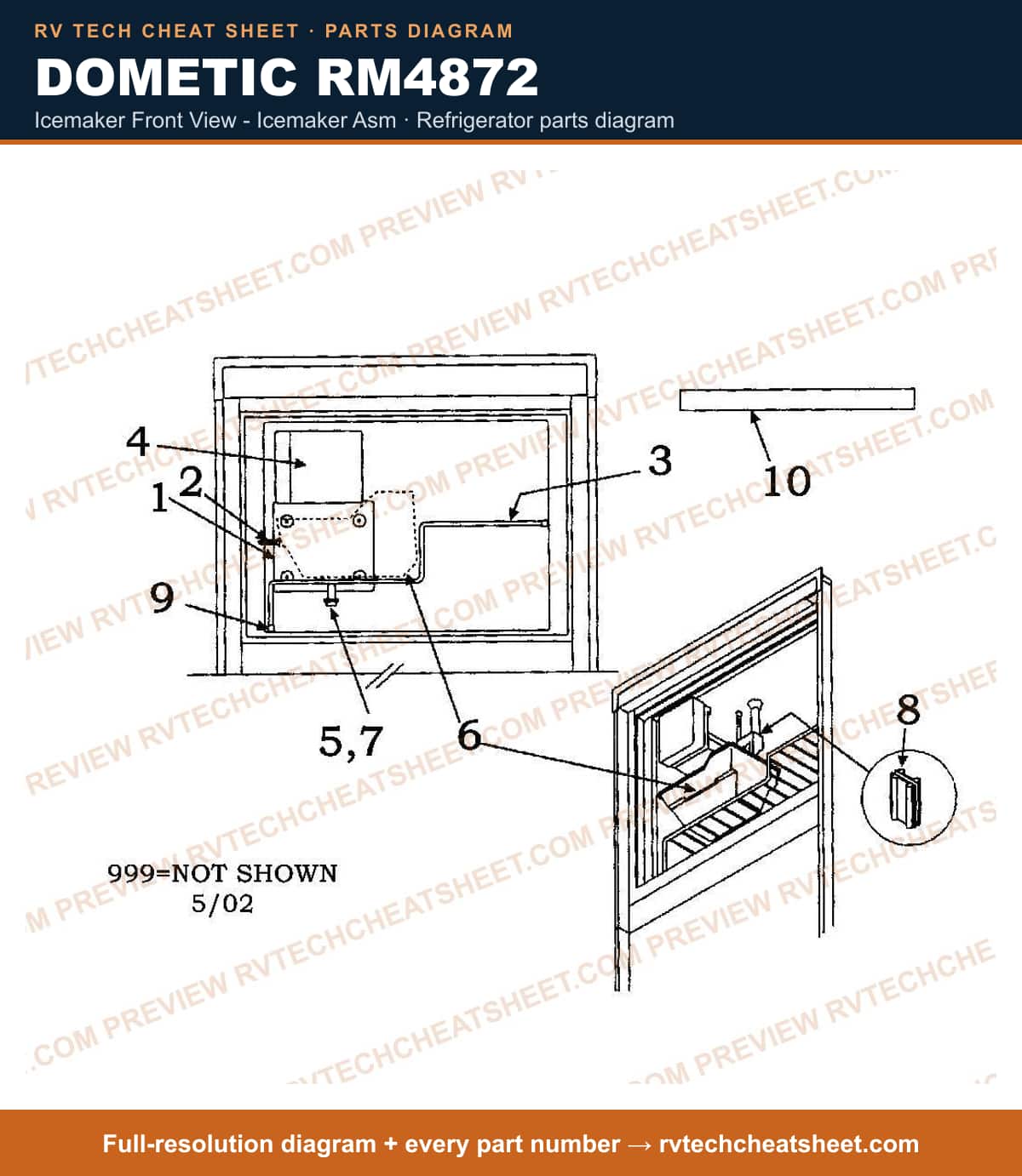Dometic RM4872 icemaker front view - icemaker asm — parts list sheet