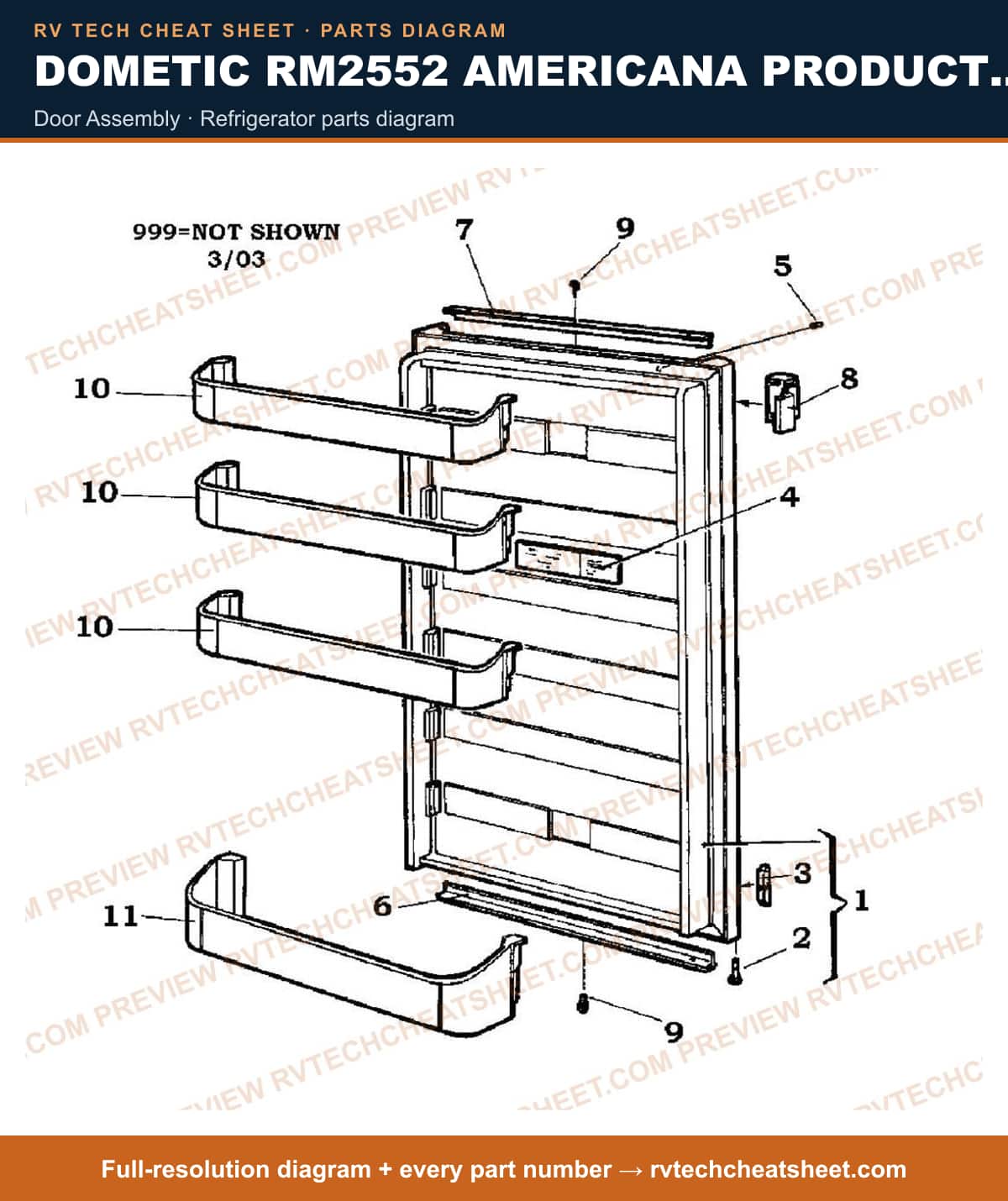 Dometic RM2552 Americana Product # 921142001 Rh Door door assembly — parts list sheet