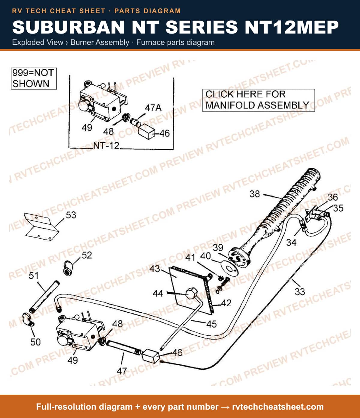 Suburban Nt Series NT12MEP exploded view › burner assembly — exploded parts diagram 2 of 2