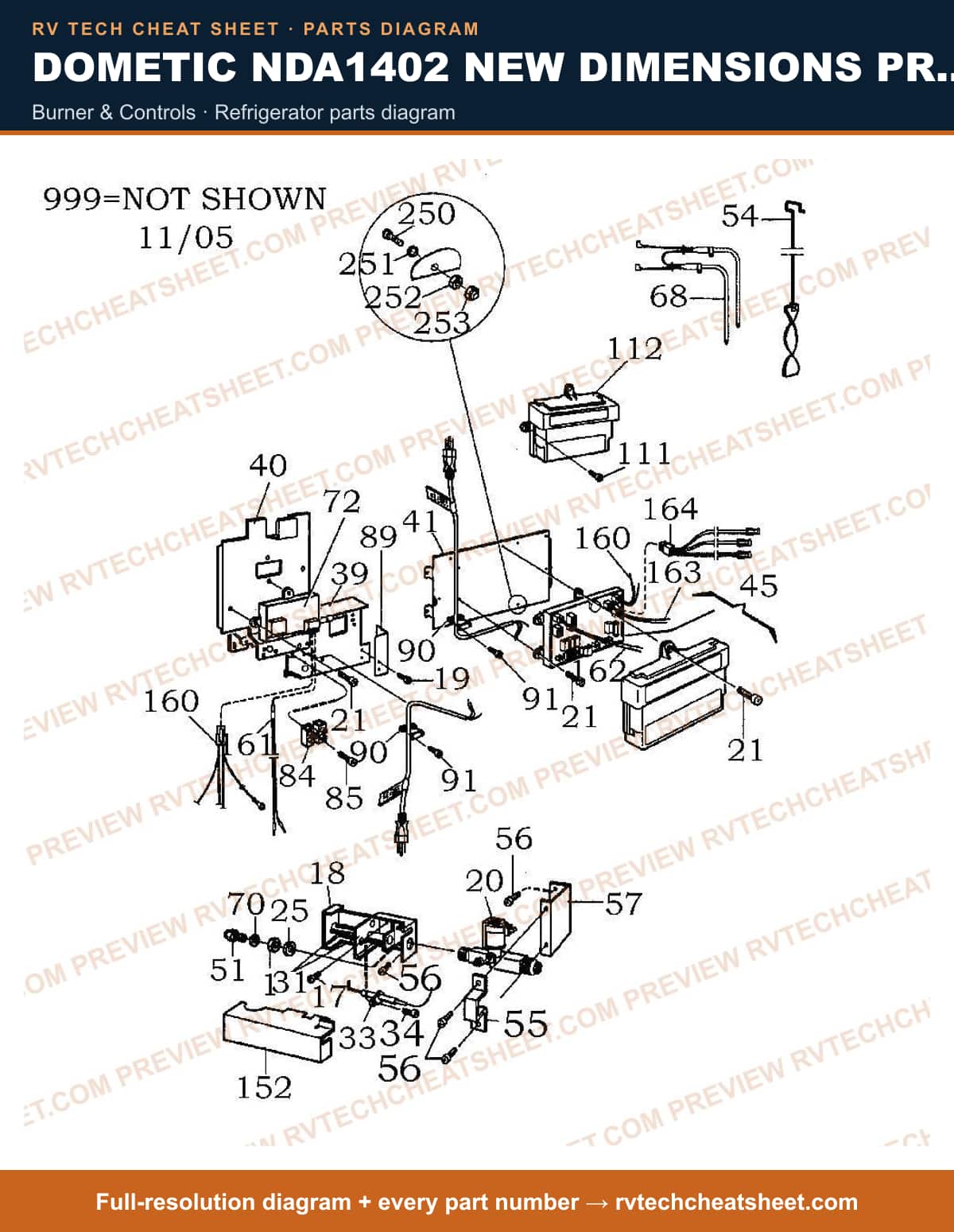 Dometic NDA1402 New Dimensions Product # 921148257 Stainless burner & controls — parts list sheet