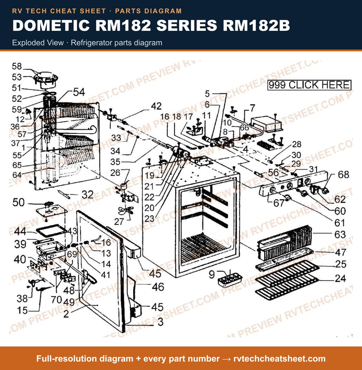 Dometic RM182 Series RM182B exploded view — parts list sheet