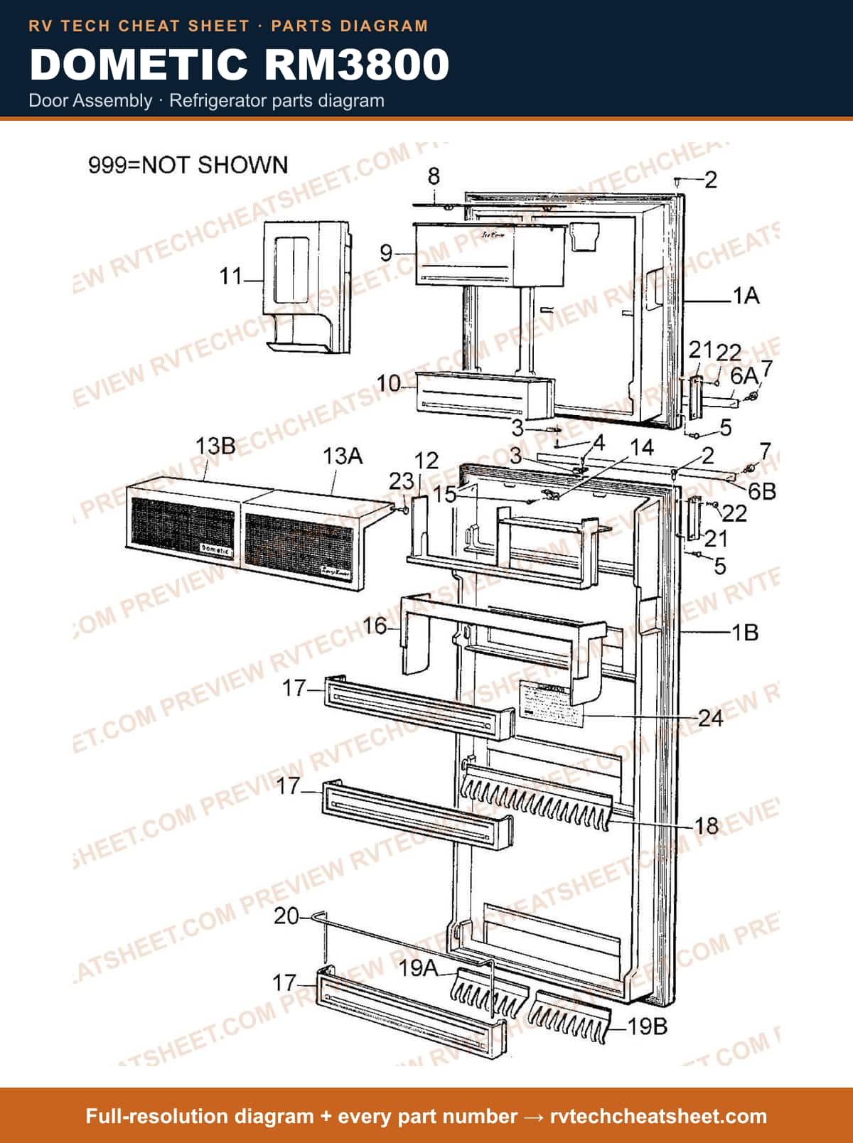 Dometic RM3800 door assembly — parts list sheet