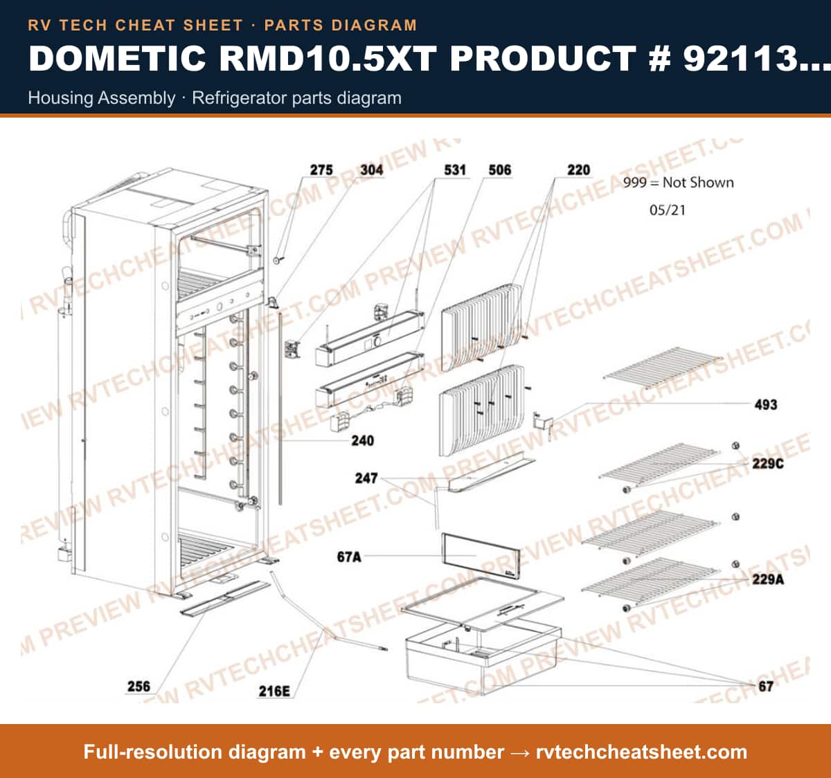 Dometic RMD10.5XT Product # 921132832 housing assembly — parts list sheet