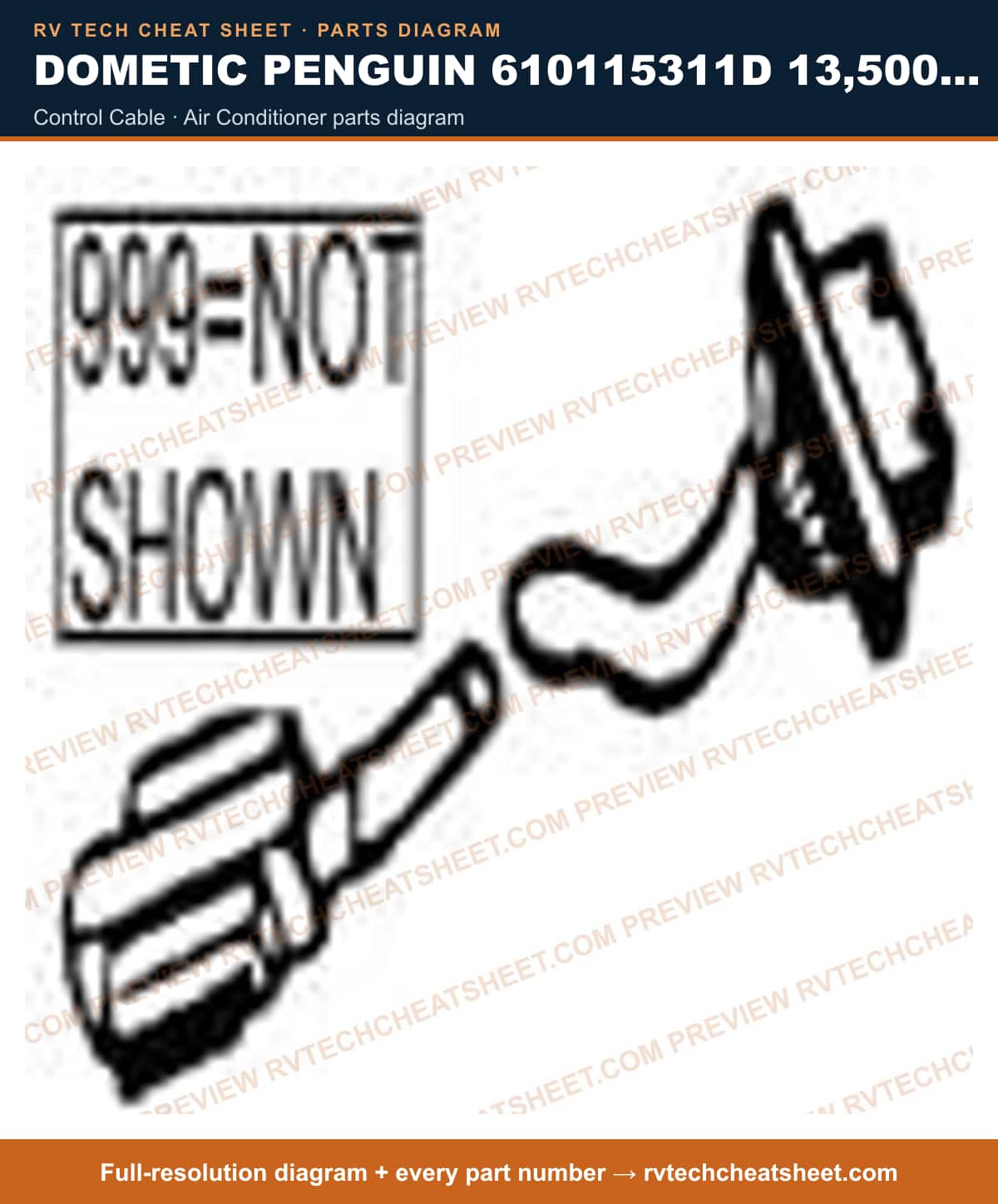 Dometic Penguin 610115311D 13,500 BTU control cable — parts list sheet