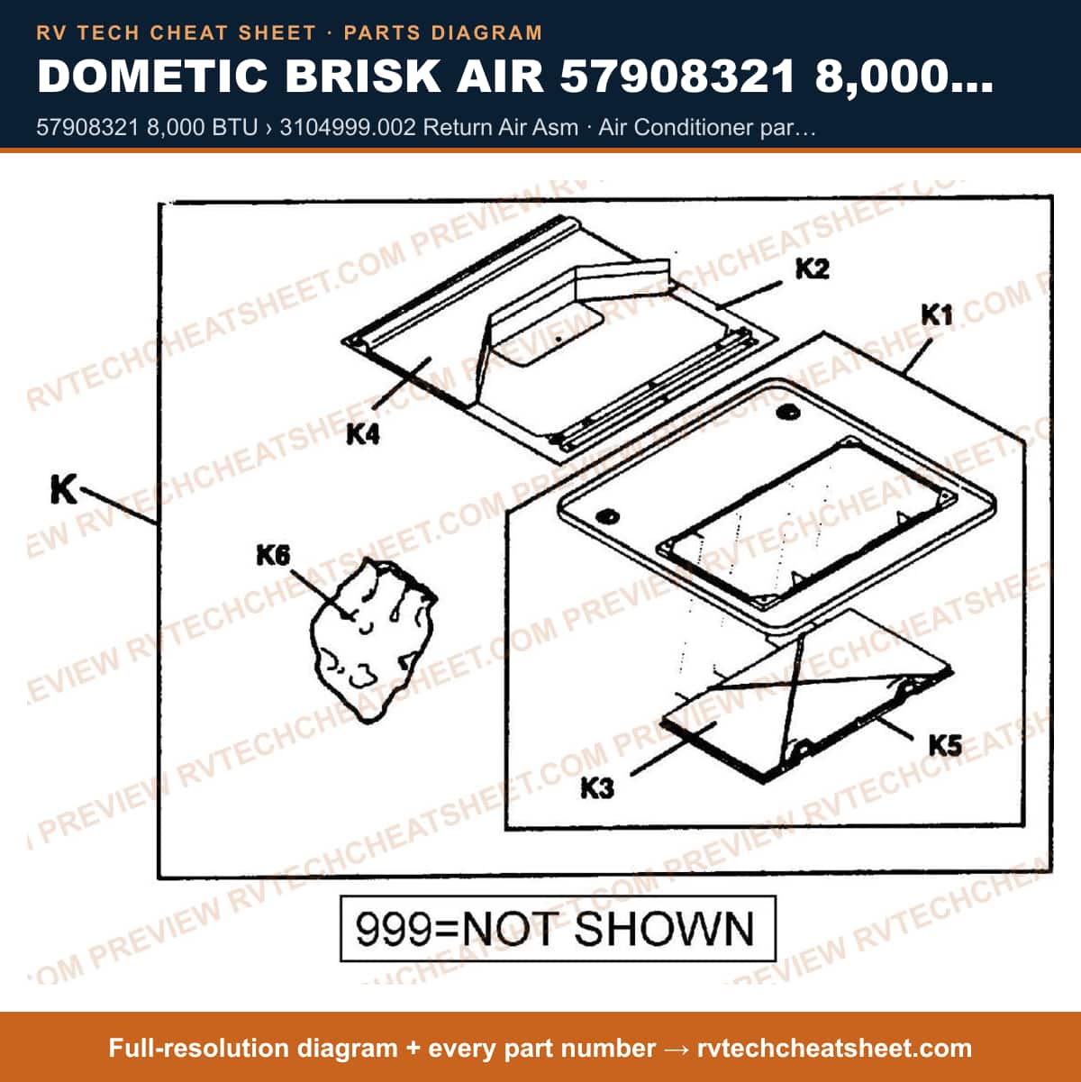 Dometic Brisk Air 57908321 8,000 BTU 57908321 8,000 btu › 3104999.002 return air asm — exploded parts diagram