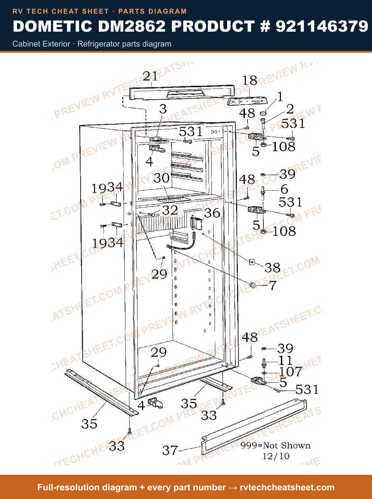 Dometic DM2862 Product # 921146379 cabinet exterior — parts list sheet