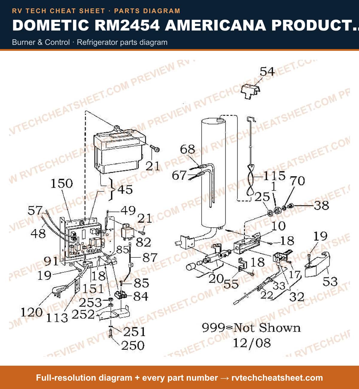 Dometic RM2454 Americana Product # 921140135 Black burner & control — parts list sheet
