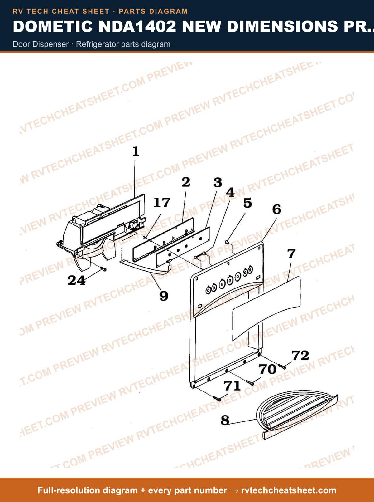 Dometic NDA1402 New Dimensions Product # 921148413 Stainless door dispenser — parts list sheet