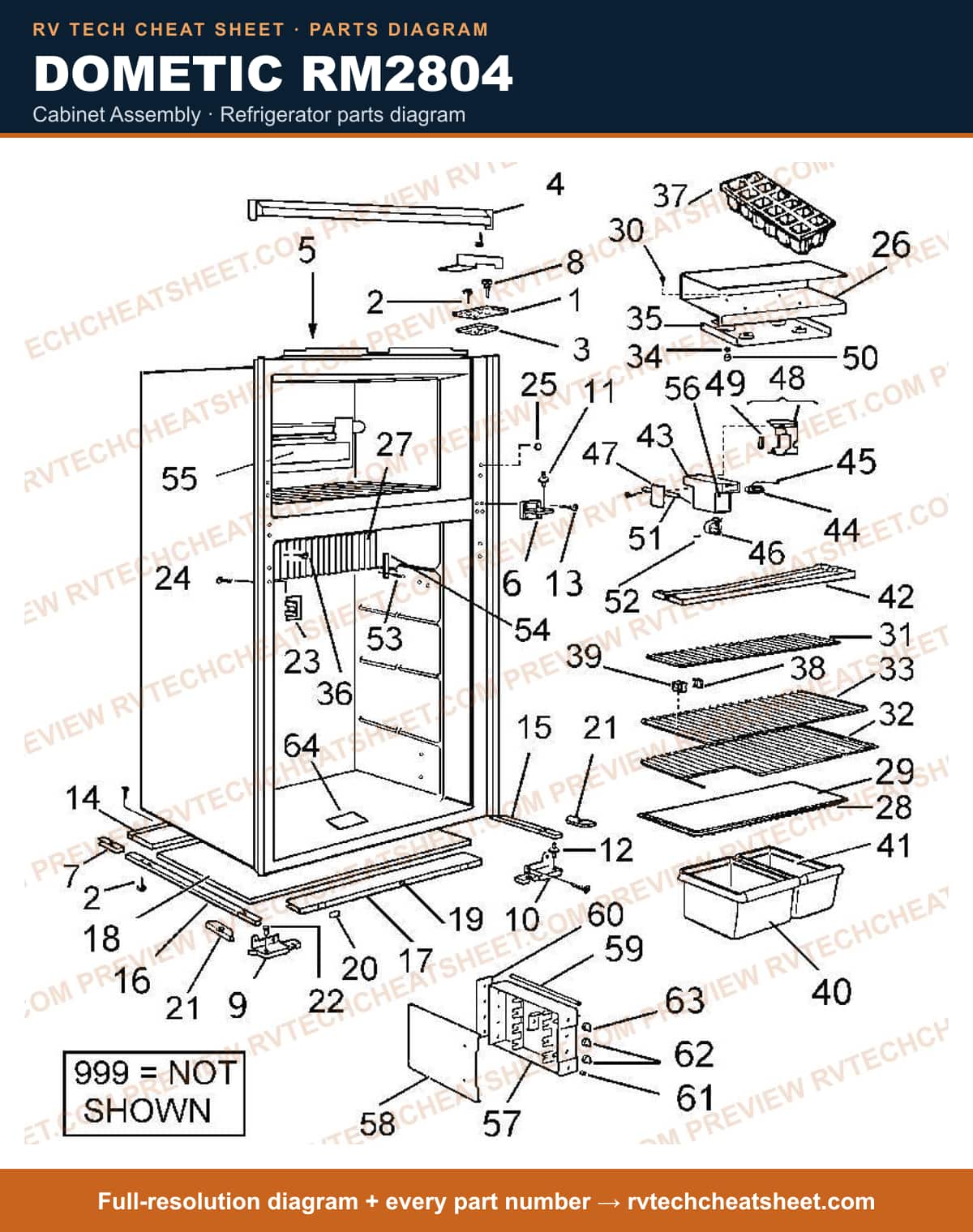 Dometic RM2804 cabinet assembly — parts list sheet