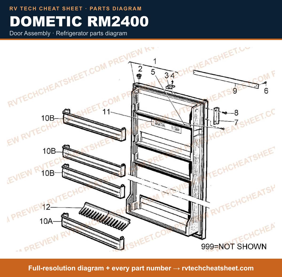 Dometic RM2400 door assembly — parts list sheet