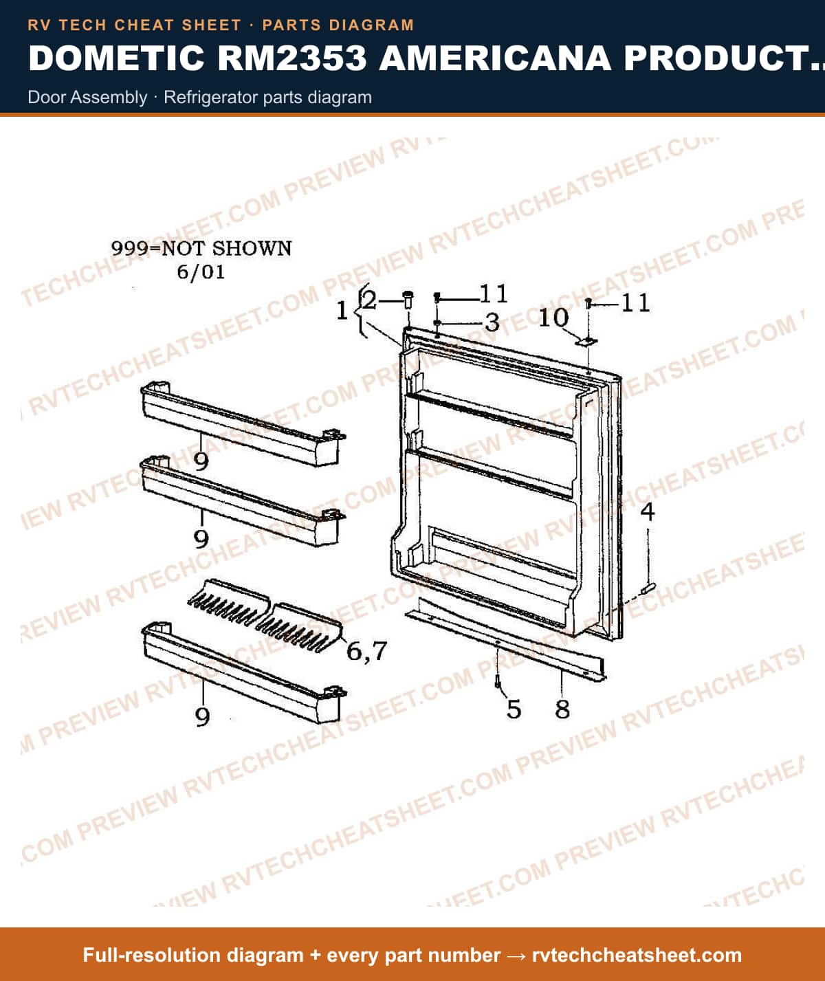 Dometic RM2353 Americana Product # 921145021 Black door assembly — parts list sheet