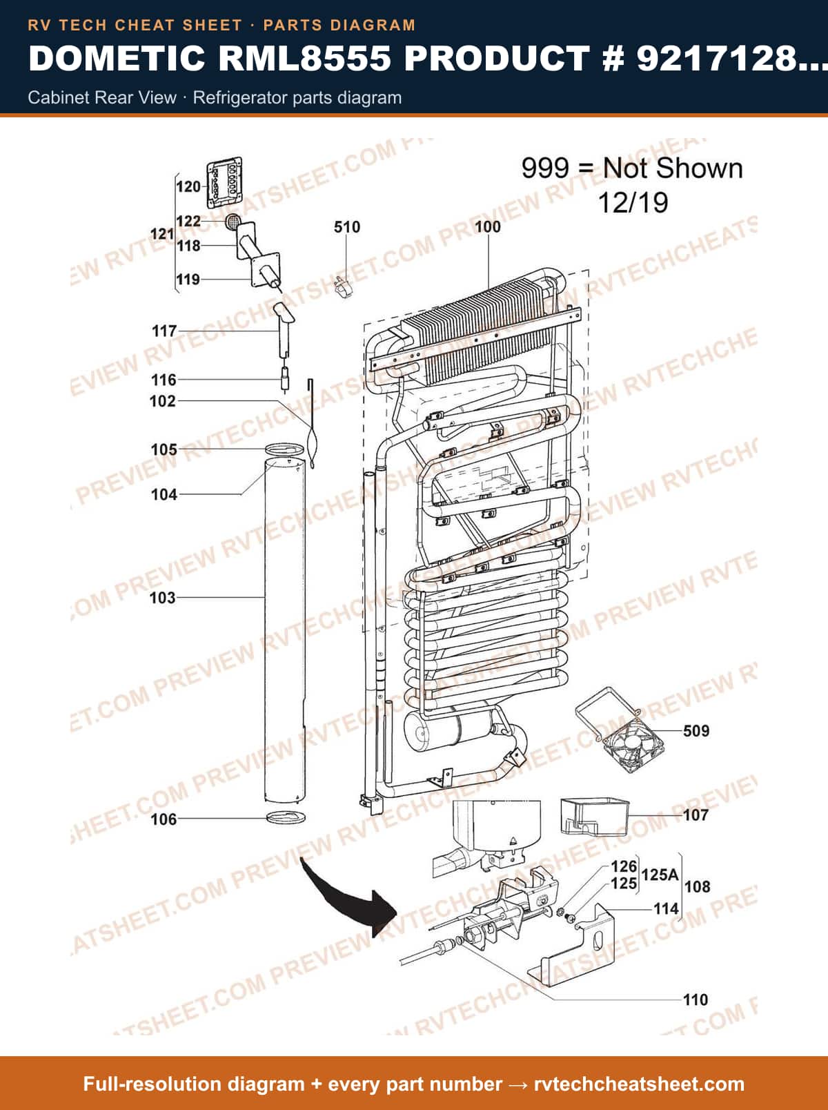 Dometic RML8555 Product # 921712818 cabinet rear view — parts list sheet