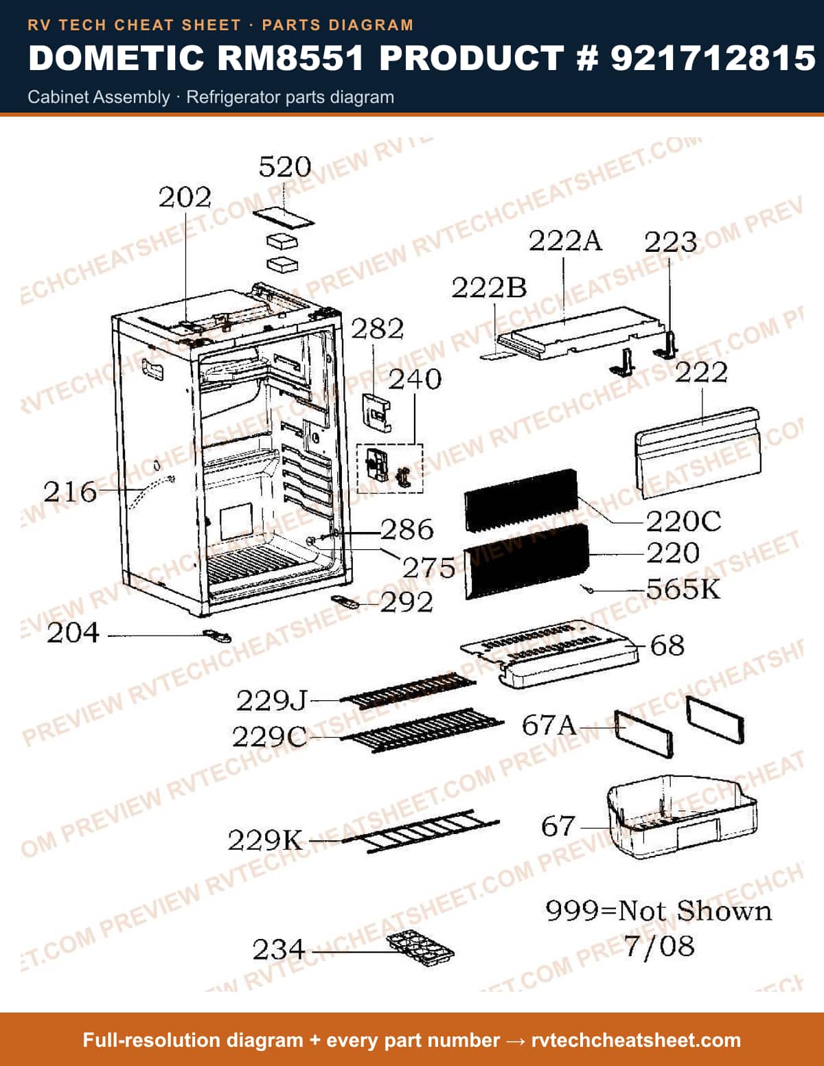 Dometic RM8551 Product # 921712815 cabinet assembly — parts list sheet