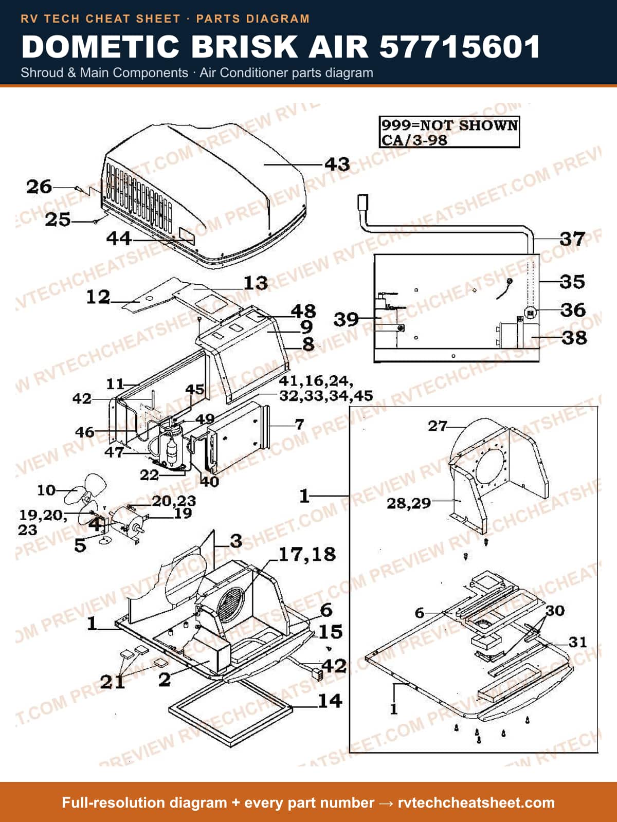 Dometic Brisk Air 57715601 shroud & main components — parts list sheet