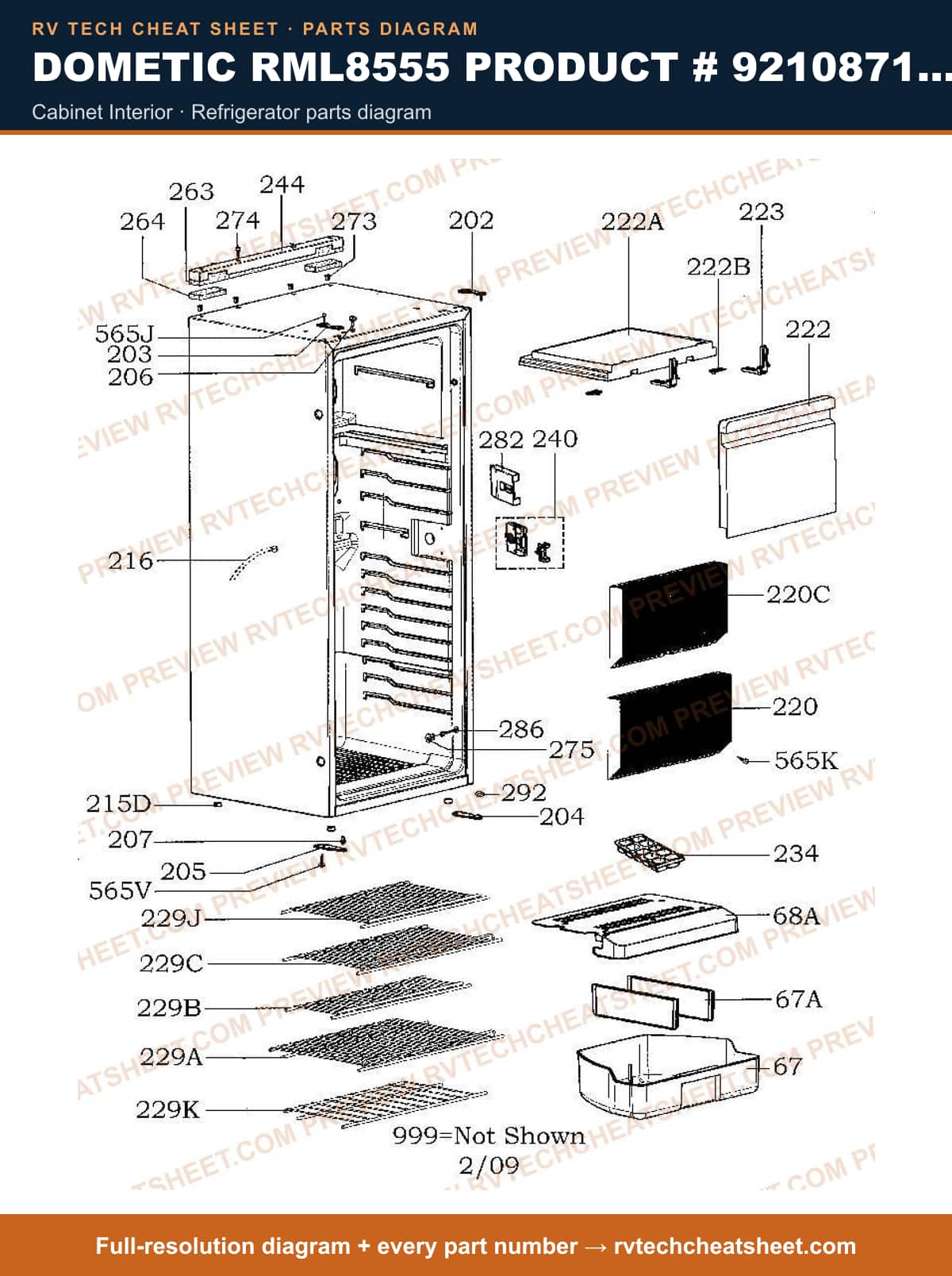 Dometic RML8555 Product # 921087159 cabinet interior — parts list sheet
